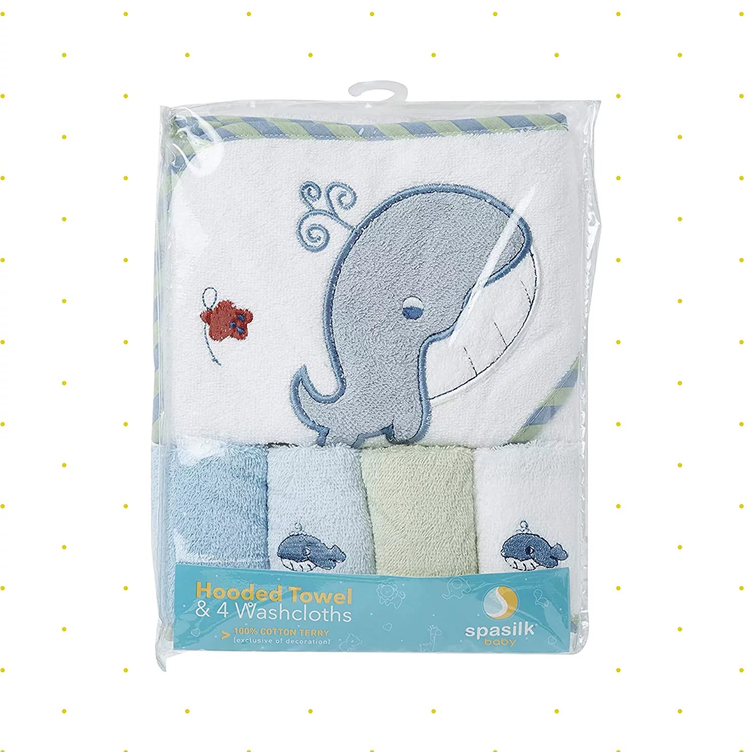 Baby Cotton Terry Hooded Towel & Washcloth Bath Shower Set for Newborns and Infants, 5 Piece Set, Blue Whale