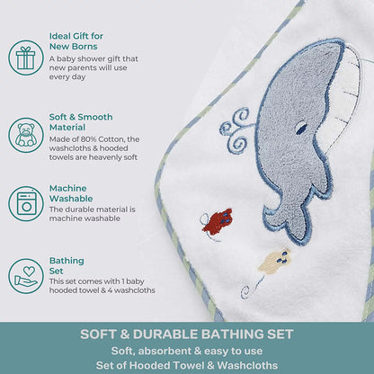 Baby Cotton Terry Hooded Towel & Washcloth Bath Shower Set for Newborns and Infants, 5 Piece Set, Blue Whale