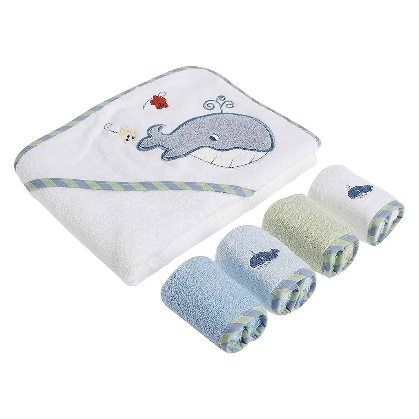 Baby Cotton Terry Hooded Towel & Washcloth Bath Shower Set for Newborns and Infants, 5 Piece Set, Blue Whale