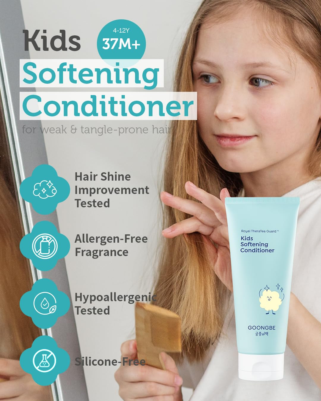 Kids' Softening Hair Conditioner - Korean Kids Glossy Hair Conditioner for Weak, Frizzy and Tangle Prone Hair - Silicone-Free Formula - Allergen Free Scent, 6.76Oz.